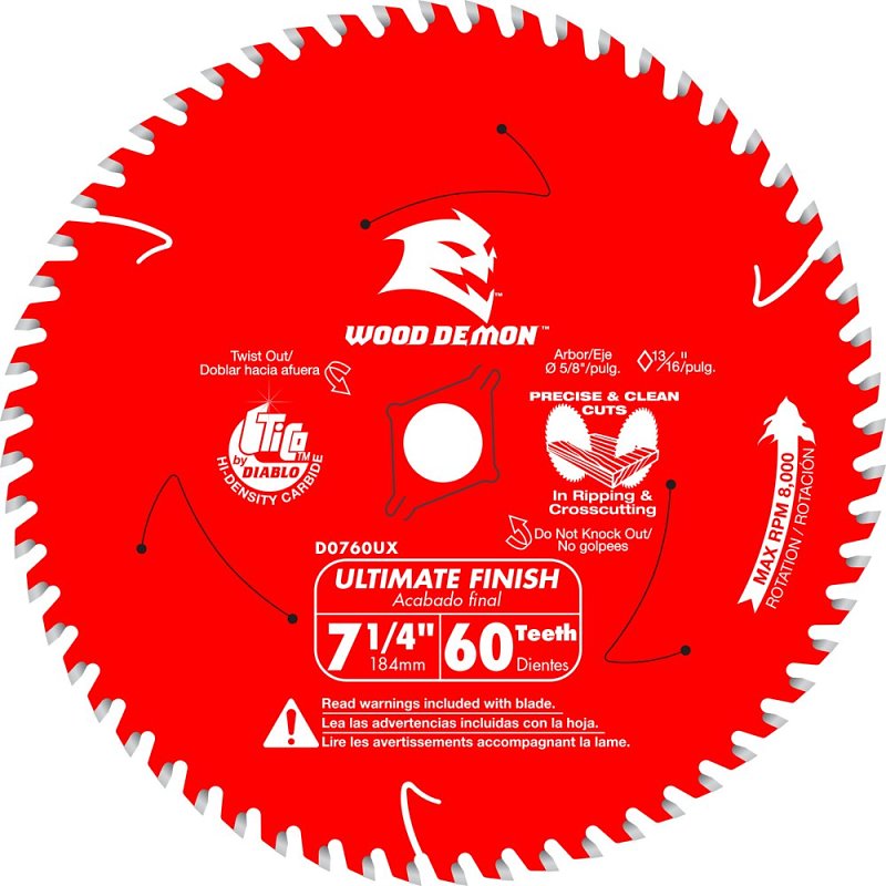 Diablo D0760UXA Saw Blade, 7-1/4 in Dia, 5/8 in Arbor, 60-Teeth, Carbide Cutting Edge, Applicable Materials: Wood