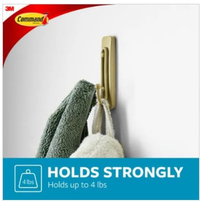 Command BATH36-BR-ES Large Bath Hook, 4 lb, 2-Hook, Metal, Satin Brass