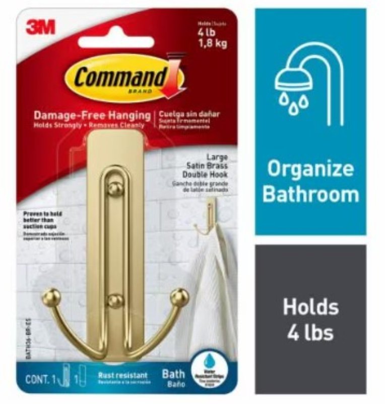 Command BATH36-BR-ES Large Bath Hook, 4 lb, 2-Hook, Metal, Satin Brass