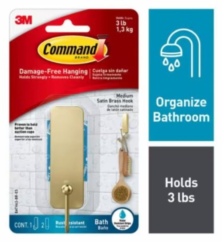 Command BATH43-BR-ES Medium Bath Hook, 3 lb, 1-Hook, Metal, Satin Brass