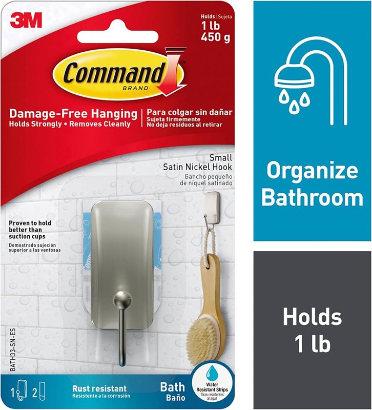 Command BATH33-SN-ES Small Bath Hook, 1 lb, 1-Hook, Metal/Plastic, Gray, Satin Nickel