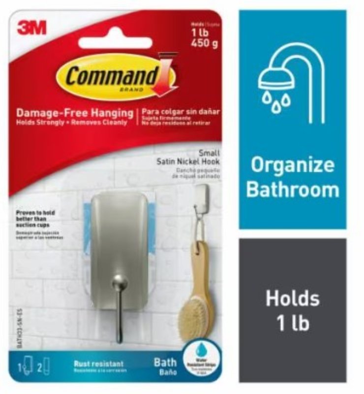 Command BATH33-SN-2ES Small Bath Hook, 1 lb, Metal, Silver, Satin Nickel
