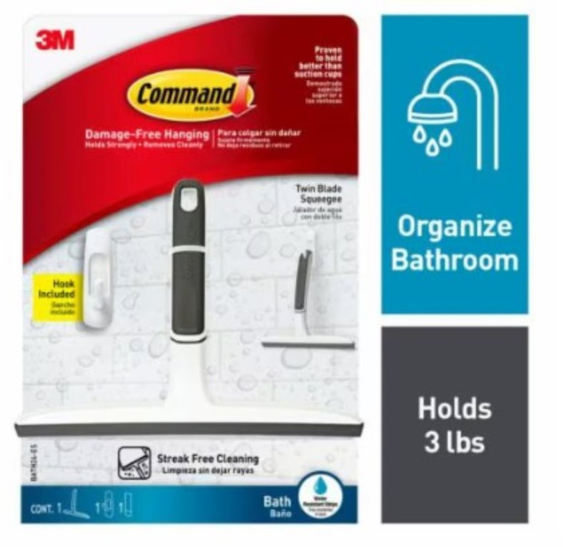 Command BATH24-ES Shower Squeegee, Stainless Steel Blade, White