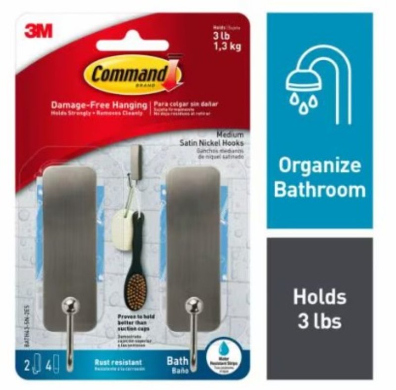 Command BATH43-SN-2ES Medium Bath Hook, 3 lb, 1-Hook, Metal, Satin Nickel