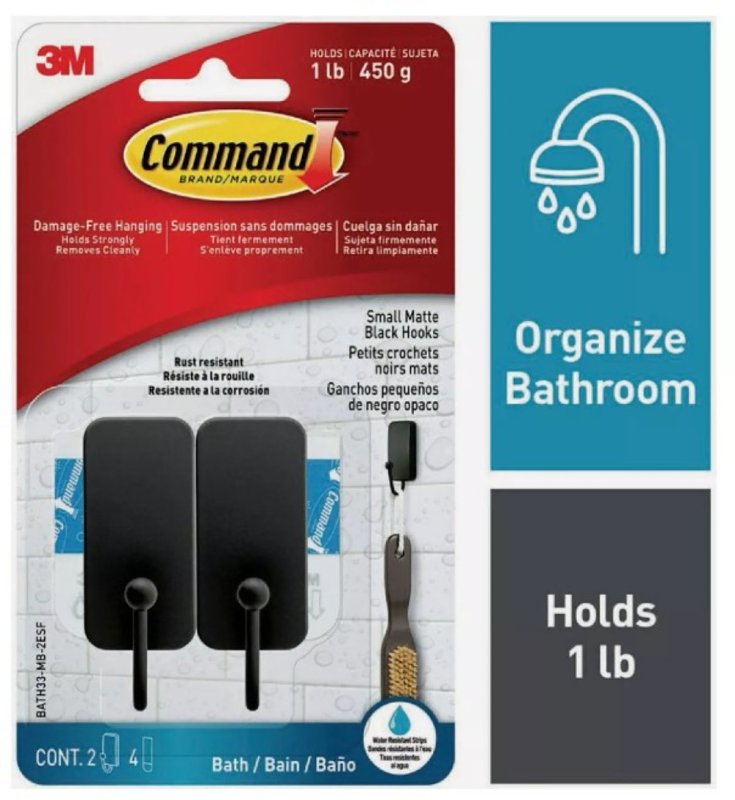 Command BATH33-MB-2ESF Small Bath Hook, 1 lb, 2-Hook, Metal, Matte Black