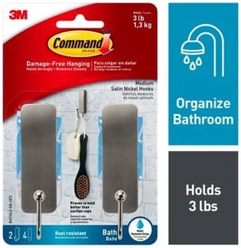 Command BATH43-MB-2ES Medium Bath Hook, 3 lb, 2-Hook, Metal, Matte Black