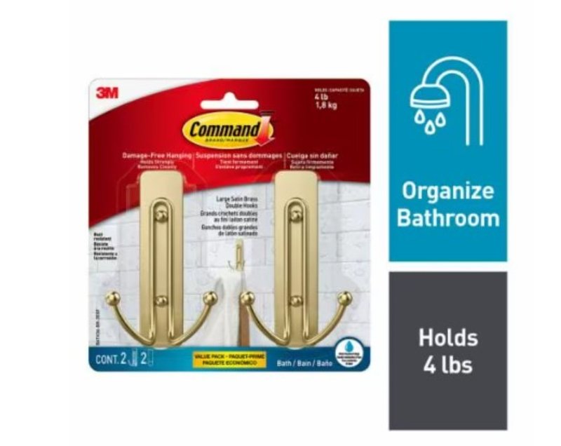 Command BATH36-BR-2ESF Large Bath Hook, 4 lb, 2-Hook, Metal, Satin Brass