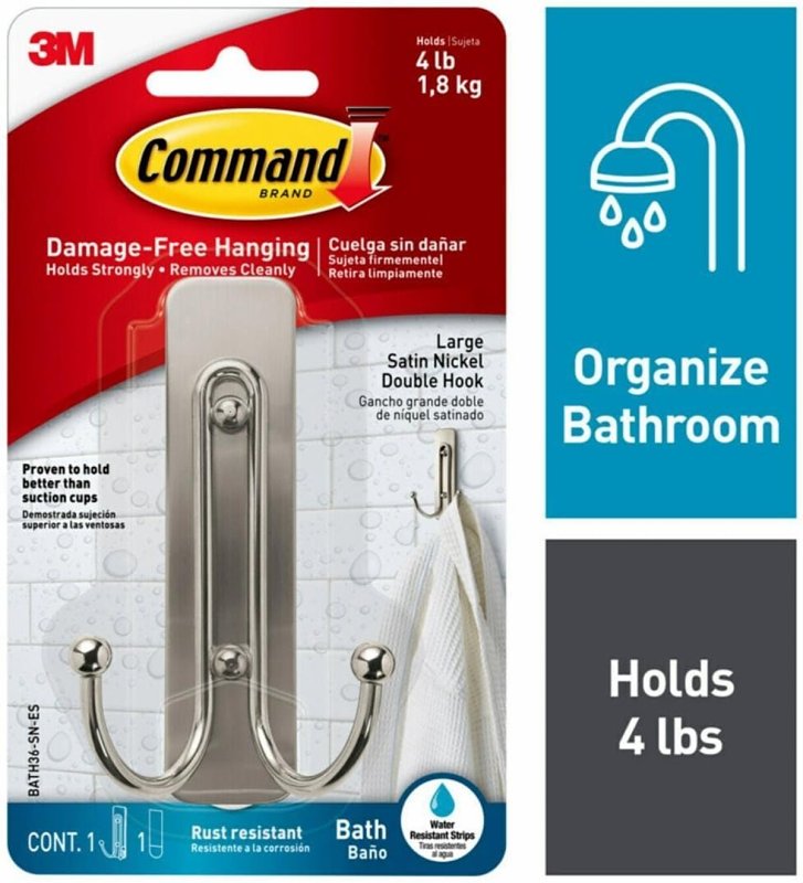 Command BATH36-MB-2ESF Large Bath Hook, 4 lb, 2-Hook, Metal, Matte Black