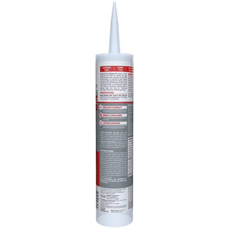 GE Silicone 1 2749485 Tub & Tile Sealant, Clear, 24 hr Curing, 10.1 fl-oz Cartridge