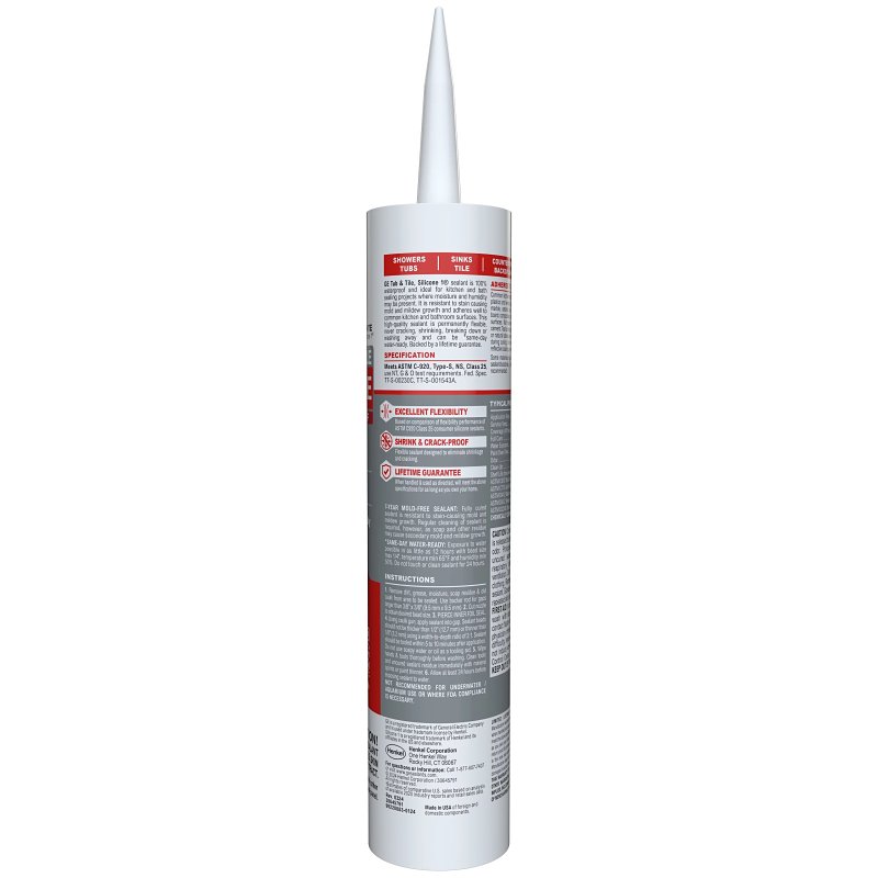 GE Silicone 1 2749484 Tub & Tile Sealant, White, 24 hr Curing, 10.1 fl-oz Cartridge