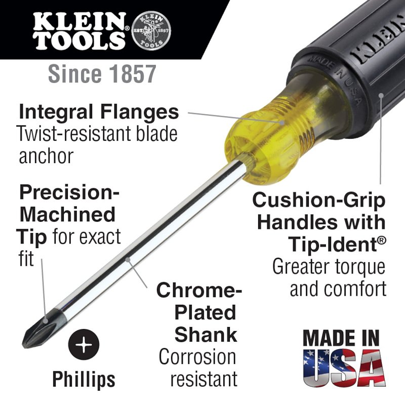Klein Tools 603-10 Screwdriver, #2 Drive, Phillips Drive, 14-5/16 in OAL, 10 in L Shank, Rubber Handle