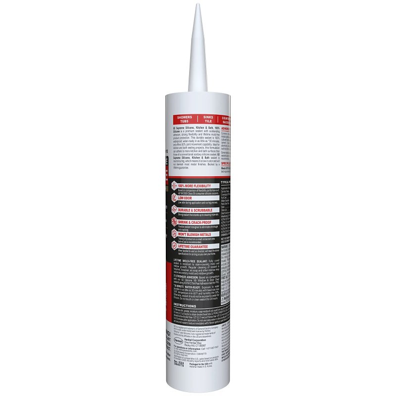 GE Supreme Silicone 2821640 Kitchen & Bath Sealant, White, 24 hr Curing, 10.1 fl-oz Cartridge