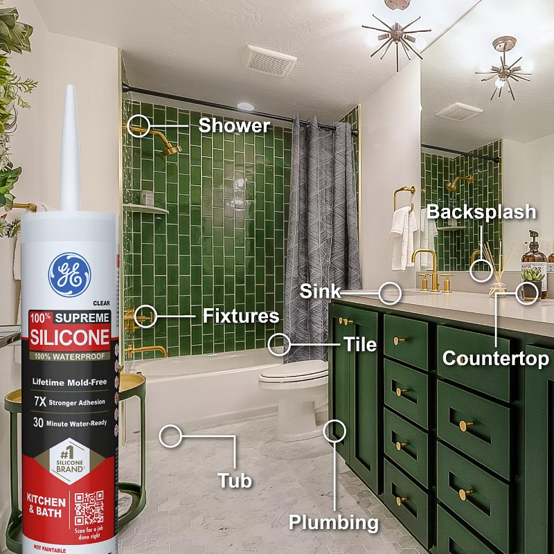 GE Supreme Silicone 2821640 Kitchen & Bath Sealant, White, 24 hr Curing, 10.1 fl-oz Cartridge