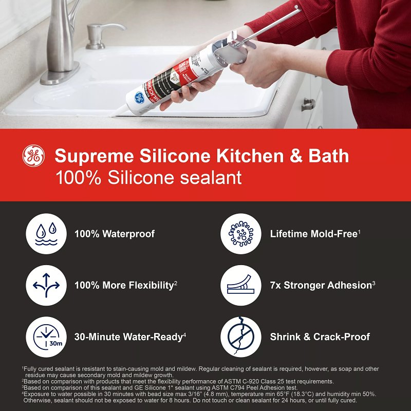GE Supreme Silicone 2821640 Kitchen & Bath Sealant, White, 24 hr Curing, 10.1 fl-oz Cartridge