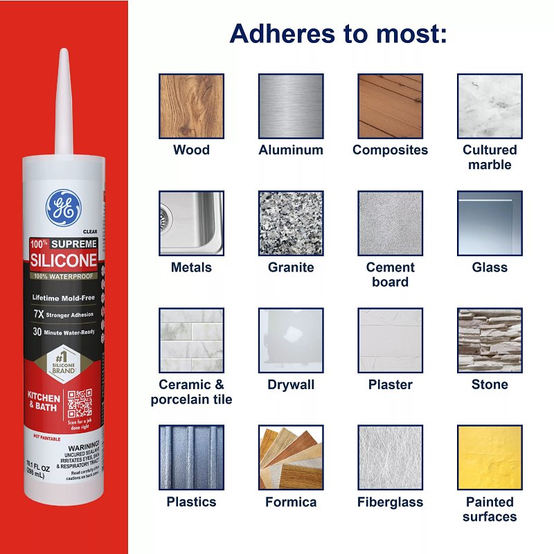 GE Supreme Silicone 2821640 Kitchen & Bath Sealant, White, 24 hr Curing, 10.1 fl-oz Cartridge