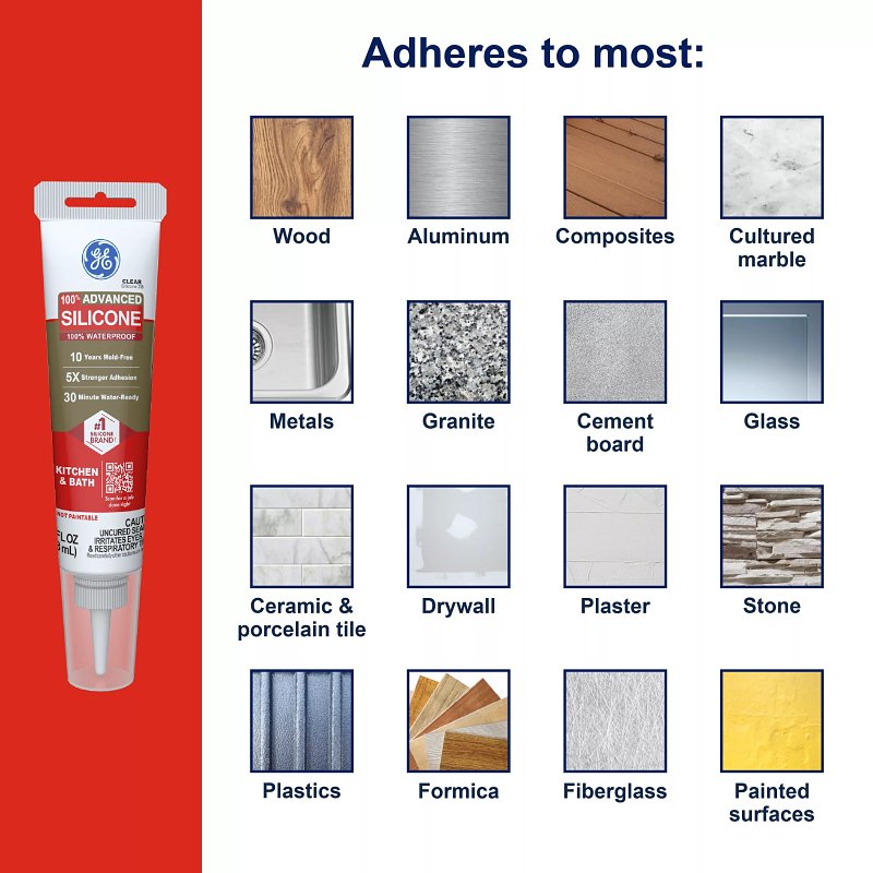 GE Advanced Silicone 2 2816708 Kitchen & Bath Sealant, Almond, 24 hr Curing, 2.8 fl-oz Squeeze Tube
