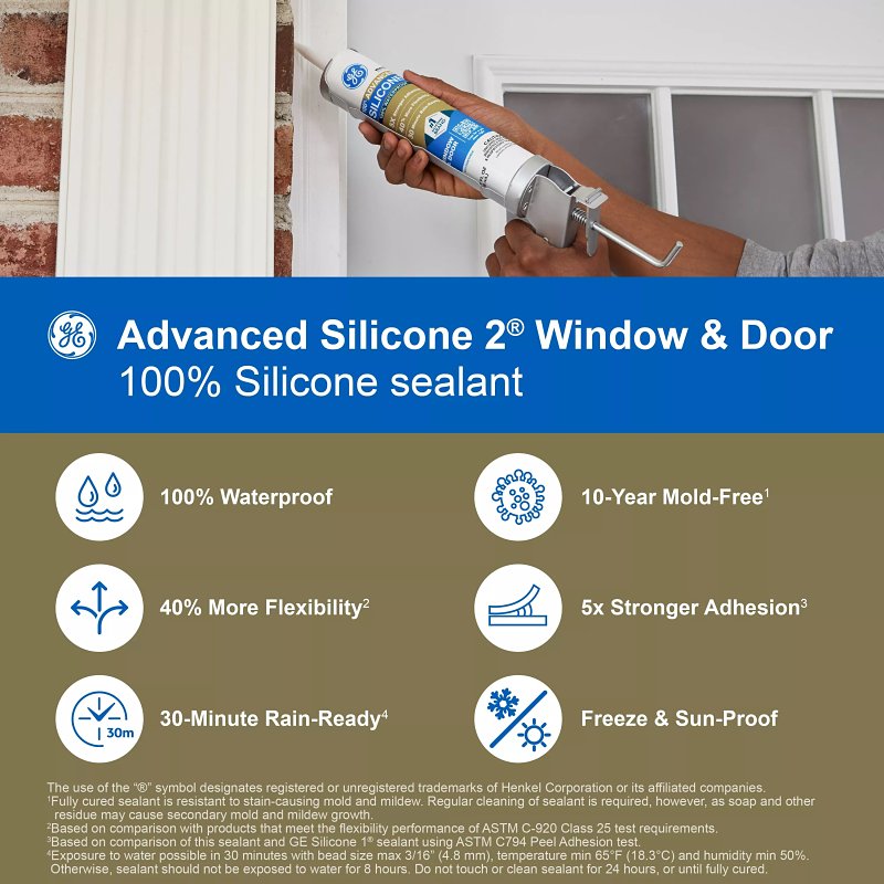 GE Advanced Silicone 2 2813670 Window & Door Sealant, Black, 24 hr Curing, 10.1 fl-oz Cartridge