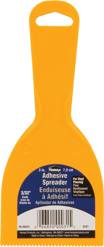Homax 40-00031 Adhesive Spreader Knife, 3/32 in Notch, Notched Blade, Polystyrene Blade, Polystyrene Handle