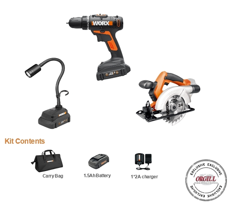 WORX WX959L Combination Kit, Battery Included, 20 V, 3-Tool, Lithium-Ion Battery