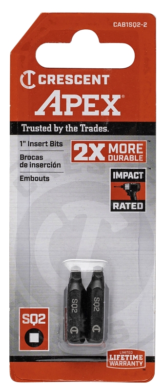 Crescent APEX CAB1SQ2-2 Insert Bit, #2 Drive, Square Drive, 1/4 in Shank, Hex Shank, 1 in L, Steel
