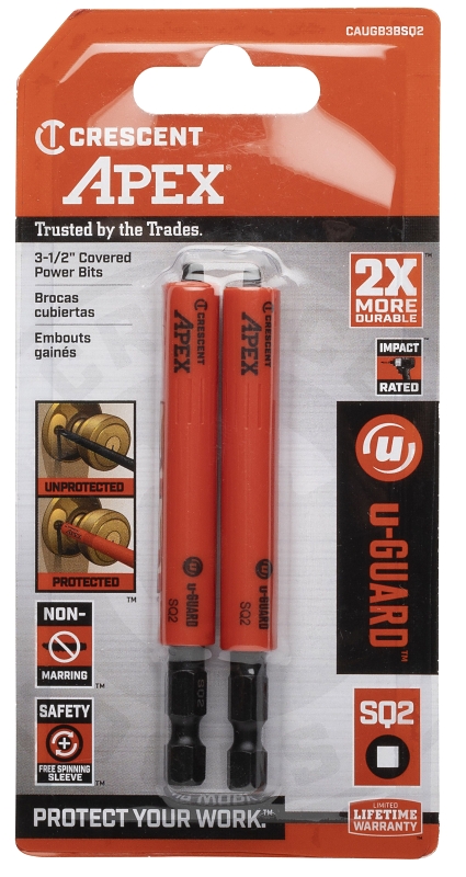 Crescent APEX u-GUARD CAUGB3BSQ2 Covered Impact Power Bit, #2 Drive, Square Drive, 1/4 in Shank, Hex Shank, Steel