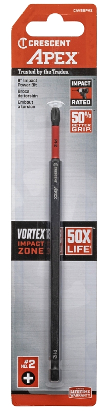 Crescent APEX Vortex CAVB6PH2 Impact Power Bit, #2 Drive, Phillips Drive, 1/4 in Shank, Hex Shank, 6 in L, Steel