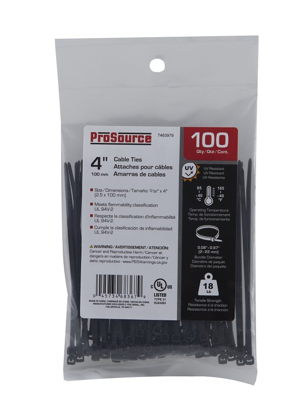 ProSource CT0902 Cable Tie, 22 mm Max Bundle Dia, Self-Locking Locking, Nylon, Black