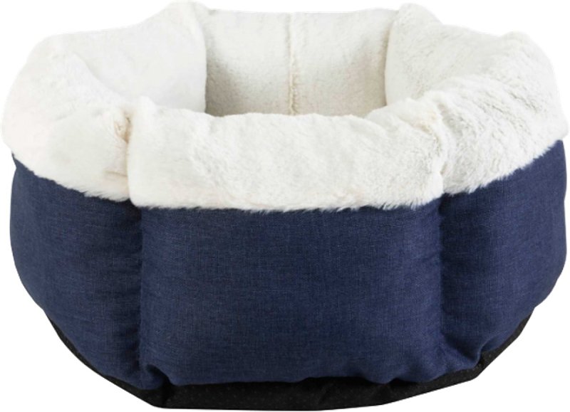 Petmate 81157 Pet Bed, 18 in L, 18 in W, Round, Petal Print Pattern, Poly Fill, Soft Plush Cover, Blue Denim