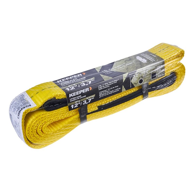 Keeper 02616 Lift Sling, 2 in W, 12 ft L, 1-Ply, 3100 lb Vertical Hitch, Polyester, Yellow