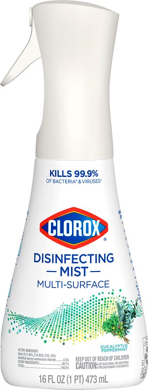 Clorox 60152 Multi-Surface Disinfectant, 16 oz, Trigger Spray Bottle, Liquid, Eucalyptus Peppermint, Clear