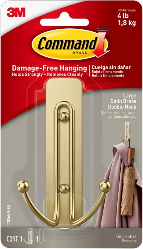 Command 17036BR-ES Double Hook, 4 lb, 1-Hook, Plastic, Gold, Satin Brass
