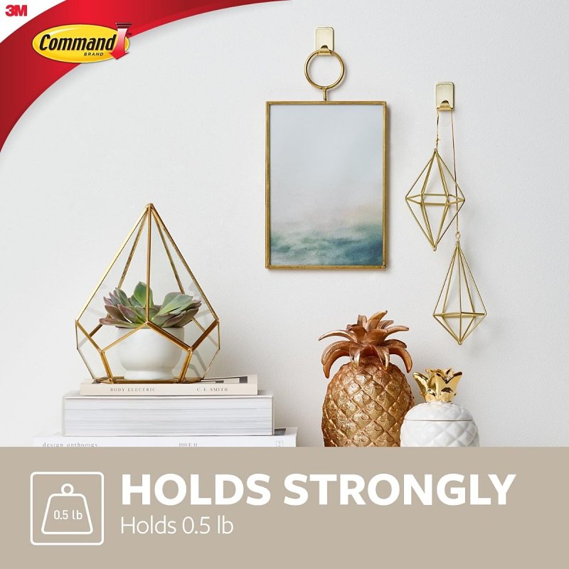 Command 17032BR-4ES Small-Size Decorative Hook, 3/4 in W, Metal/Plastic, Brass, 0.5 lb