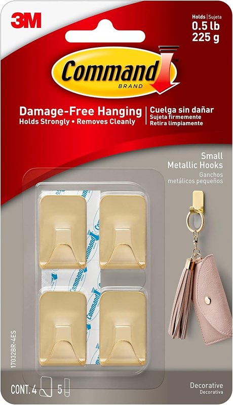 Command 17032BR-4ES Small-Size Decorative Hook, 3/4 in W, Metal/Plastic, Brass, 0.5 lb