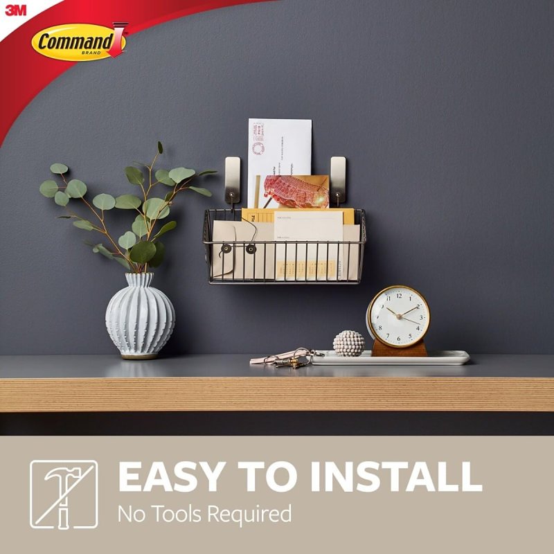 Command 17034BN-2ES Medium Adhesive Hook, 3 lb, 2-Hook, Metal, Brushed Nickel