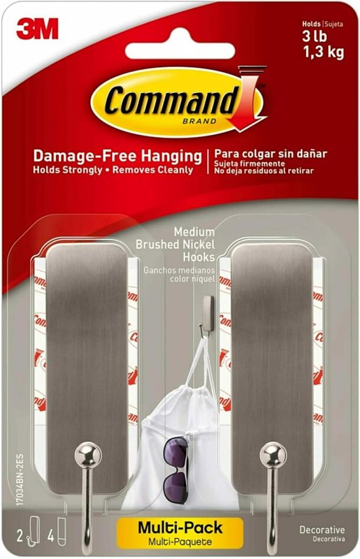 Command 17034BN-2ES Medium Adhesive Hook, 3 lb, 2-Hook, Metal, Brushed Nickel