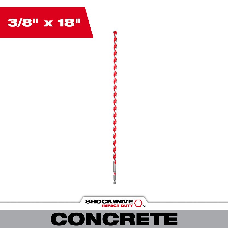Milwaukee 48-20-9023 Hammer Drill Bit, 3/8 in Dia, 18 in OAL, Wide Flute, 3-Flat Shank