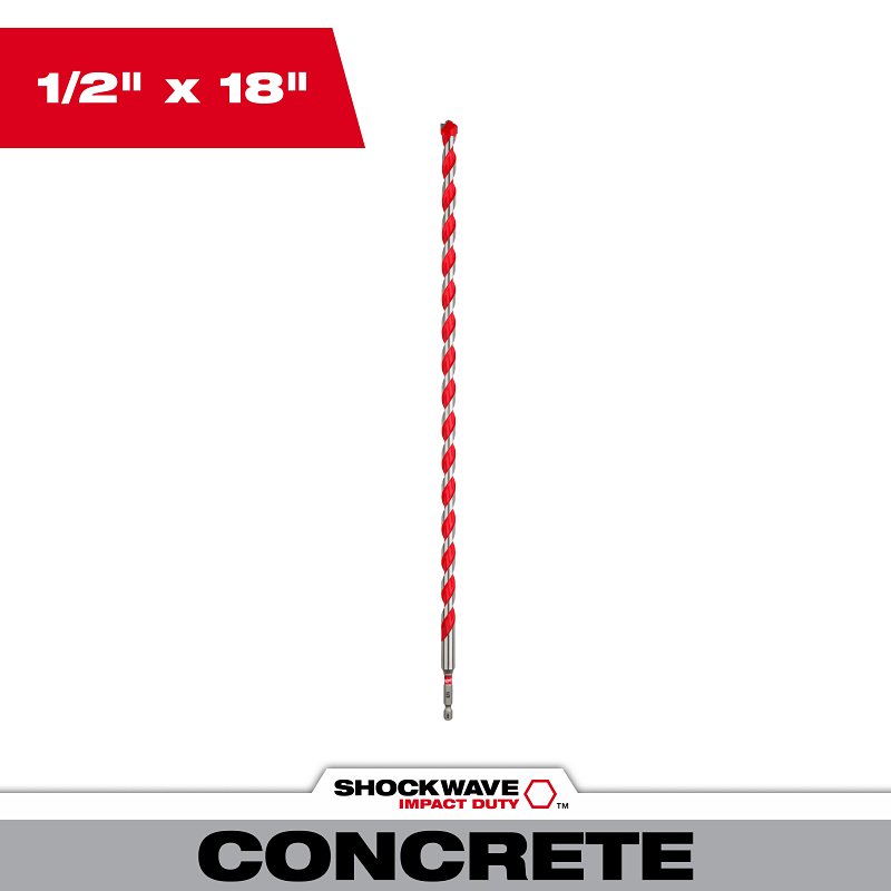 Milwaukee SHOCKWAVE Impact Duty 48-20-9032 Hammer Drill Bit with Power Tip, 1/2 in Dia, 18 in OAL, Wide Flute, 3/8 in Dia Shank