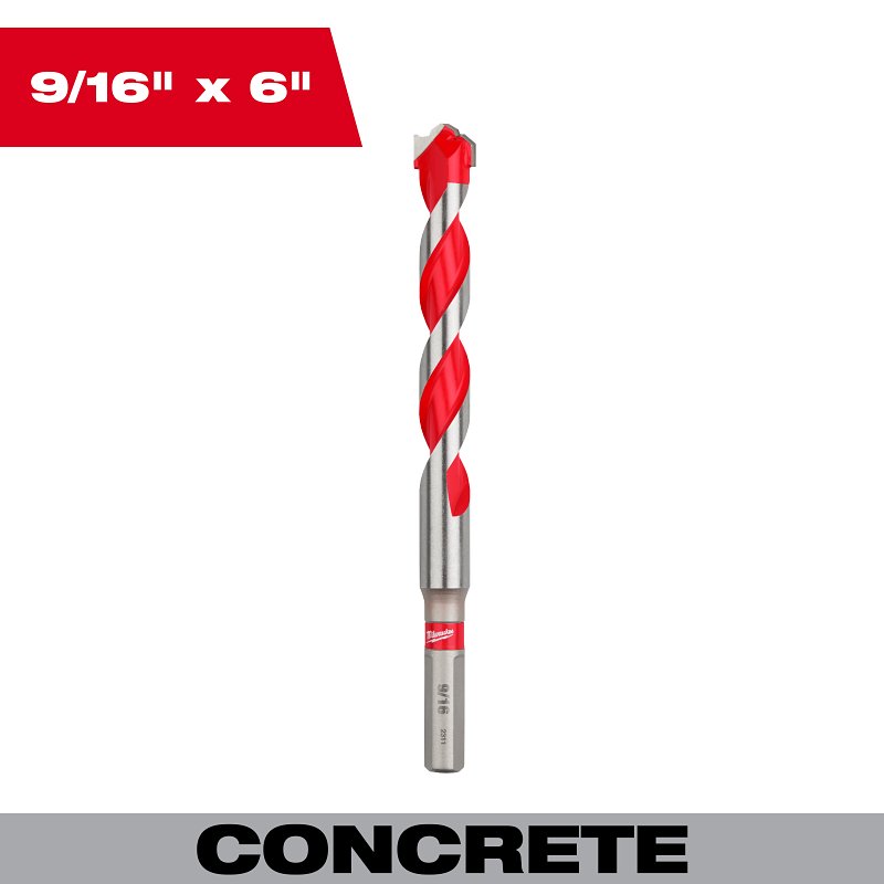 Milwaukee 48-20-9035 Hammer Drill Bit, 9/16 in Dia, 6 in OAL, 3-Flat Shank
