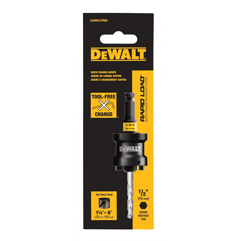 DEWALT Rapid-Load DAH9912PBM Hole Saw Arbor, 1/2 in Shank, 1-1/4 to 6 in Dia Bit, Hex Shank