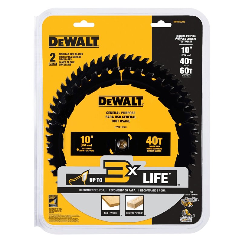 DEWALT DWA110CMB Series Circular Saw Blade Set, Specifications: 5/8 in Arbor Size, 0.094 in Kerf, 60 Teeth, Carbide
