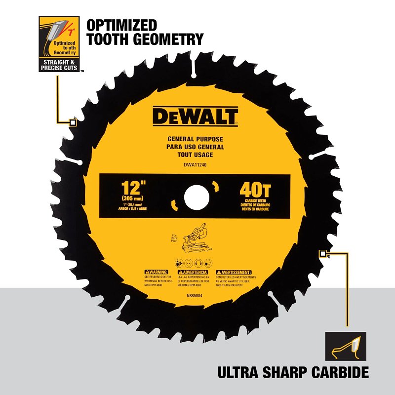DEWALT DWA11240 General-Purpose Circular Saw Blade, 12 in Dia, 1 in Arbor, 40-Teeth