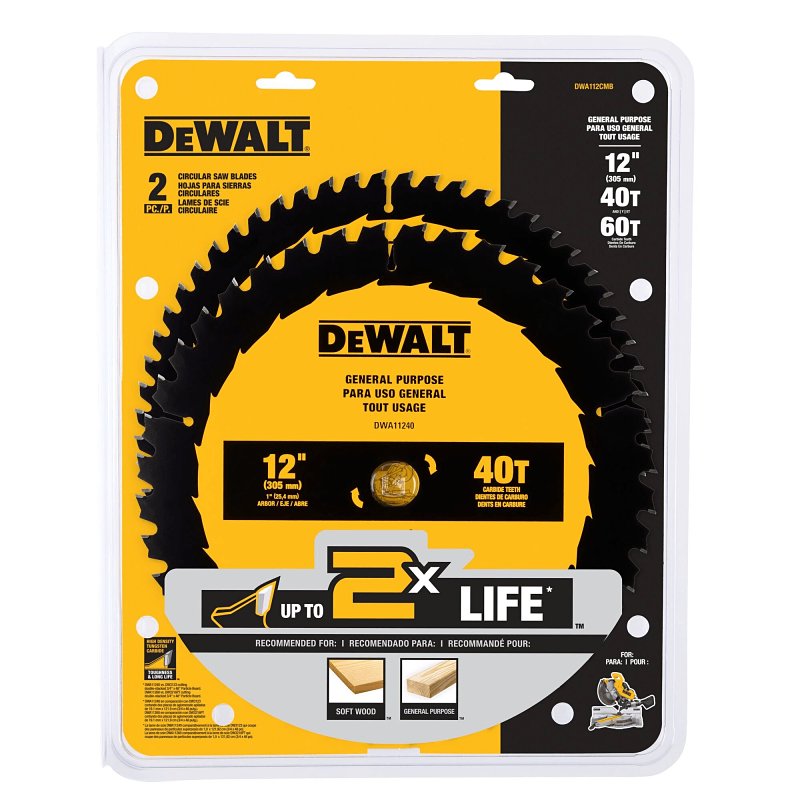 DEWALT DWA112CMB Series Circular Saw Blade Set, Specifications: 1 in Arbor Size, 0.098 in Kerf, 40 Teeth, Carbide, 2/PK