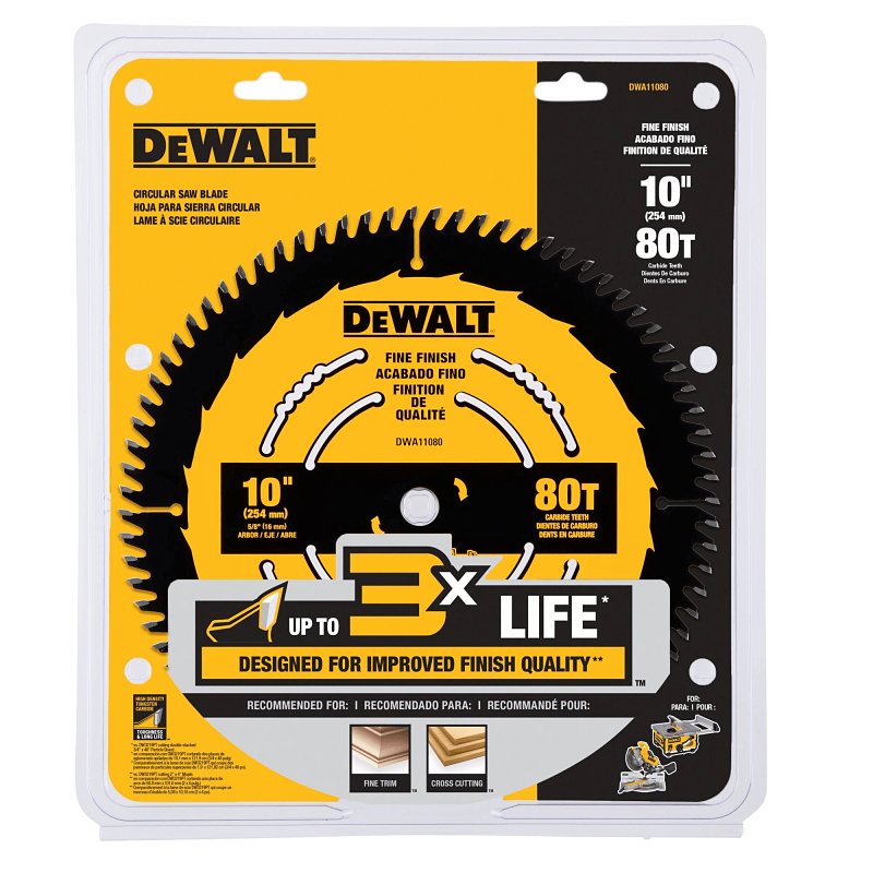 DEWALT DWA11080 Circular Saw Blade, 10 in Dia, 1 in Arbor, 80-Teeth, Carbide Cutting Edge, Applicable Materials: Wood