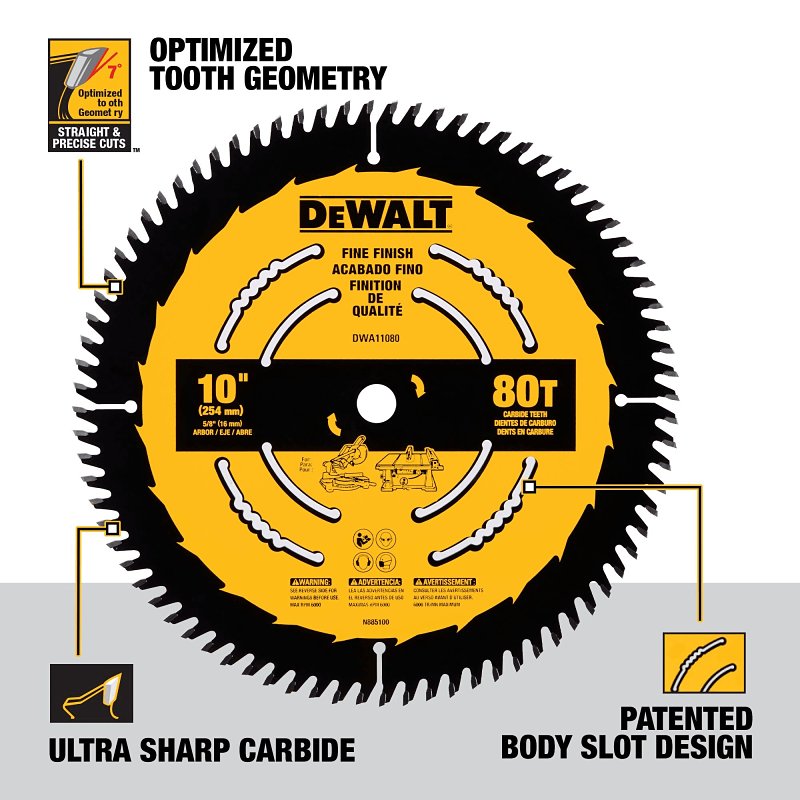 DEWALT DWA11080 Circular Saw Blade, 10 in Dia, 1 in Arbor, 80-Teeth, Carbide Cutting Edge, Applicable Materials: Wood