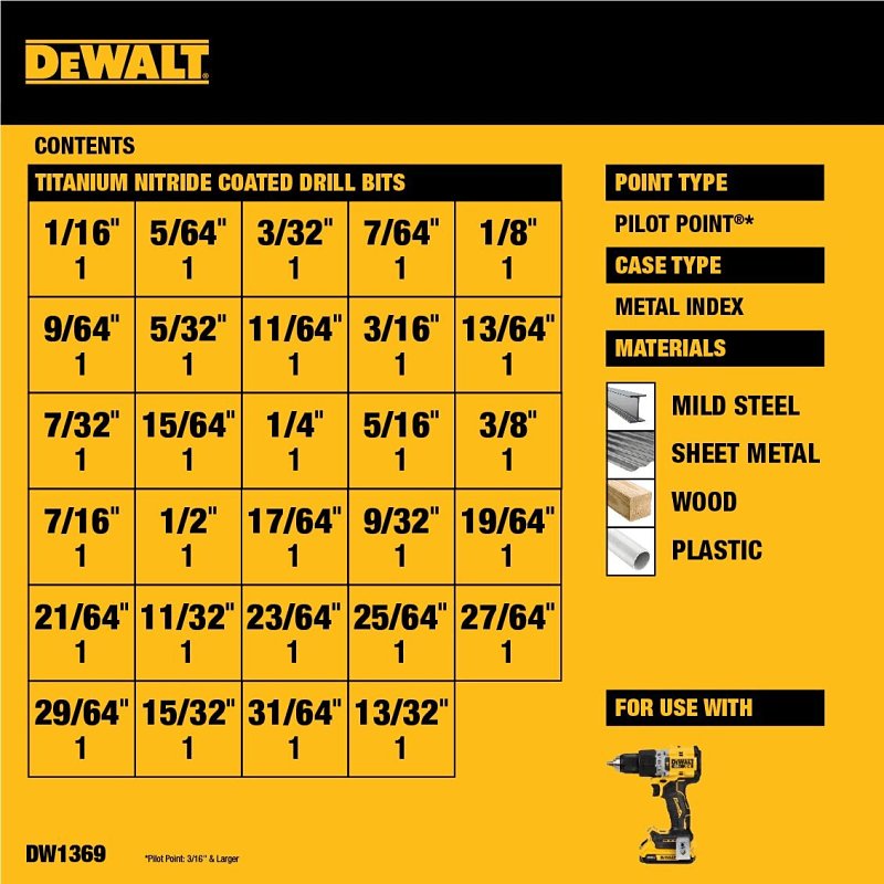 DEWALT DW1369 Drill Bit Set, 29-Piece, HSS, Titanium