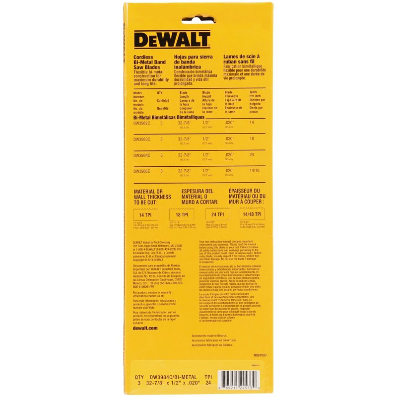 DEWALT DW3984C Band Saw Blade, 1/2 in W, 32-7/8 in L, 24 TPI, HSS Cutting Edge, Bi-Metal