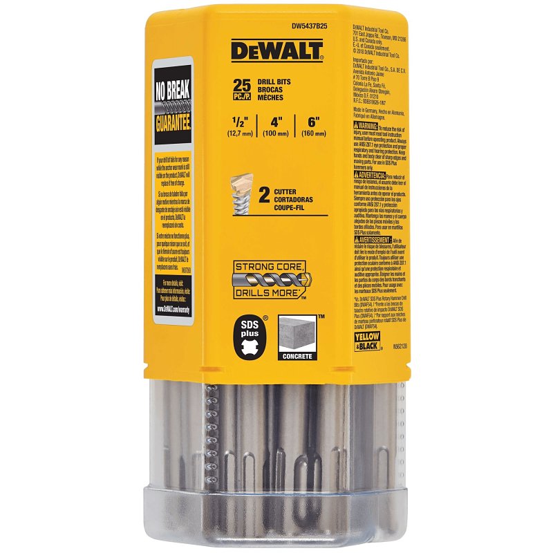 DEWALT DW5437B25 Drill Bit, 1/2 in Dia, 6 in OAL, Helix Flute, 2-Flute, SDS Plus Shank