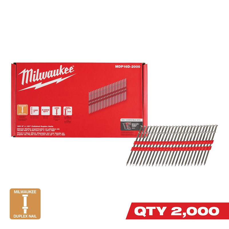 Milwaukee MDP16D-2000 Collated Duplex Nail, 16D, 3-5/8 in L, Steel, Silver, Round Head, Smooth Shank