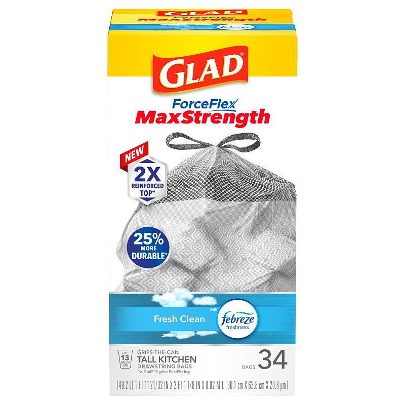 Glad 70320 Trash Bag, 13 gal, Plastic