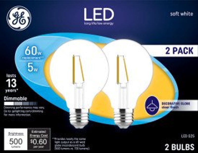 GE 23344 LED Bulb G25 Lamp, 60 W Equivalent, E26 Medium Lamp Base, Dimmable, Clear, Soft White Light